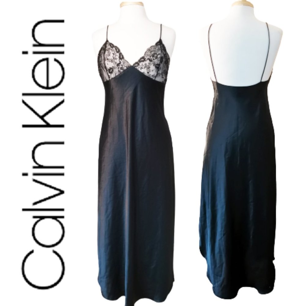 Vintage 90s CALVIN KLEIN Vintage Black Satin/Chantilly Lace Nightgown